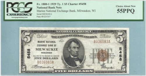 Marine N Exchange Bank $5 National Currency 1929-T1 - Ch#5458