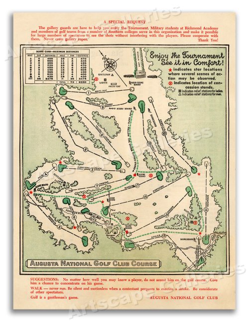 Green Fairways Map Print - 1954 Masters Golf Tournament Edition