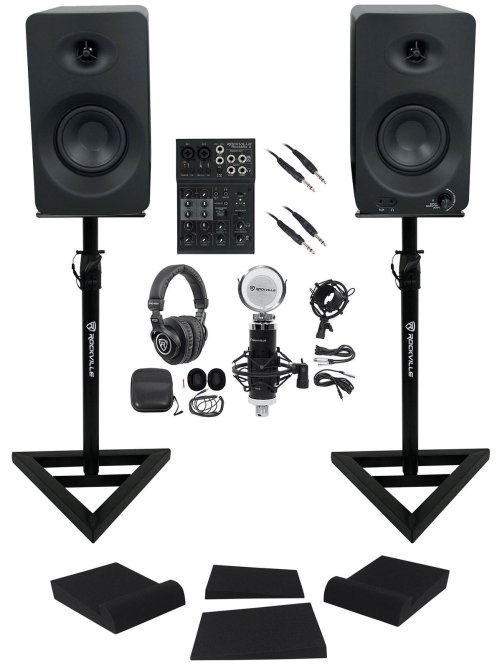 Complete Audio Setup Bundle with Bluetooth Monitors, Mixer, Headphones, Mic, and Stands