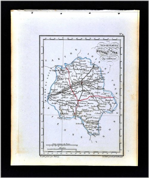 Antique France Map: Indre et Loire, Tours, Chinon, Azay-le-Rideau (1841)