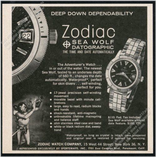 Zodiac Sea Wolf Diving Watch Vintage Print Ad