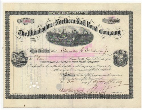 Wilmington and Northern Railroad Co. Certificate of Stock - Henry Algernon DuPont