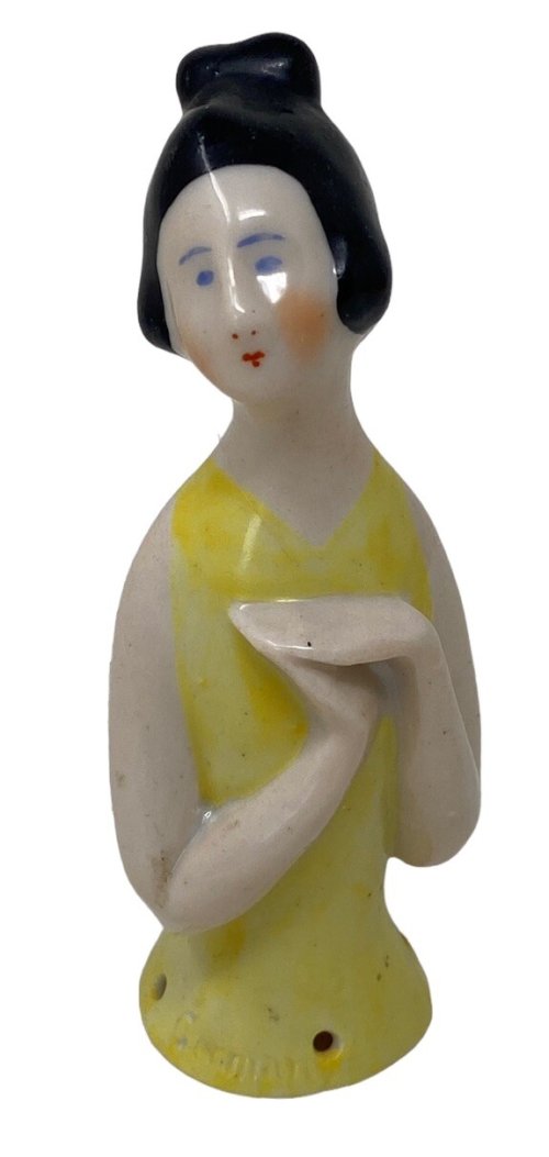 German Porcelain Half Pincushion Doll with Black Hair