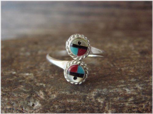 Sunface Turquoise & Coral Inlay Adjustable Ring