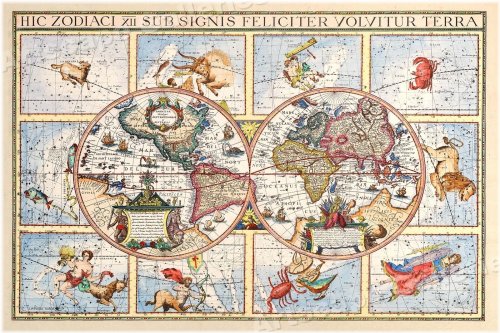 Zodiac World Map - 1615 Vintage Astrology Chart in 16x24