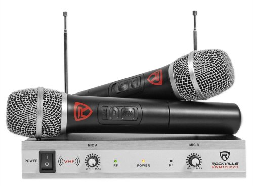 Dual Voice VHF Wireless Microphone System with Metal Receiver - Rockville RWM1202VH