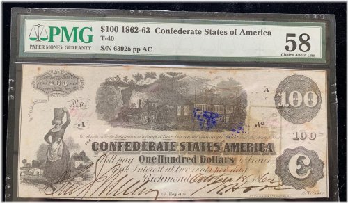Confederate States $100, Series 1862-1863, PMG 58