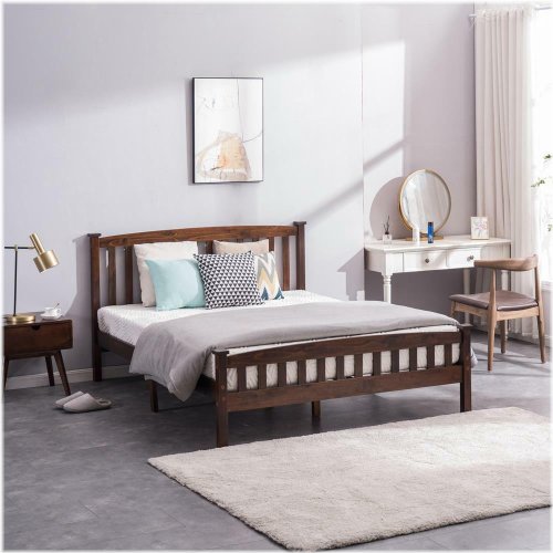 Walnut Wood Slats Platform Bed with Headboard