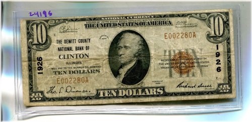 Clinton Illinois National Bank $10 1929 Fine Note