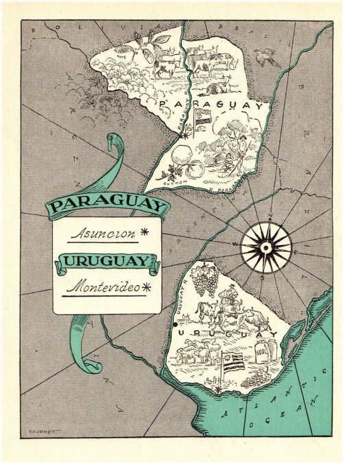 Vintage South American Map Set - Paraguay and Uruguay (1940s)