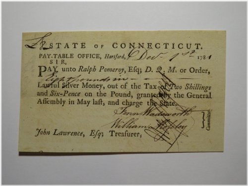 Connecticut Pay Table Office Colonial Currency Note - Wadsworth/Mosley (1781)