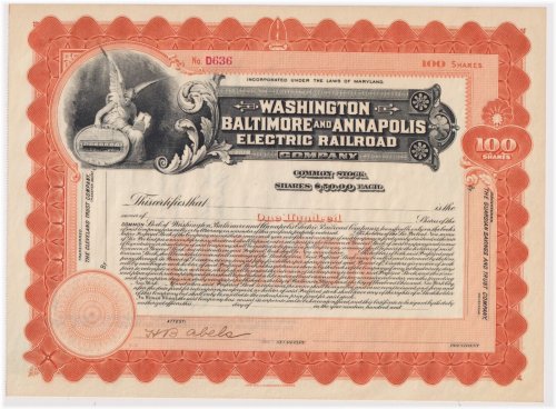 Washington Baltimore & Annapolis Electric Railroad Stock Certificate - Maryland