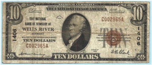Newbury Wells River 1929-T1 $10 Note