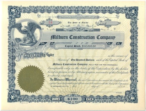 Milburn Construction Company Stock Certificate - Jacksonville, Florida