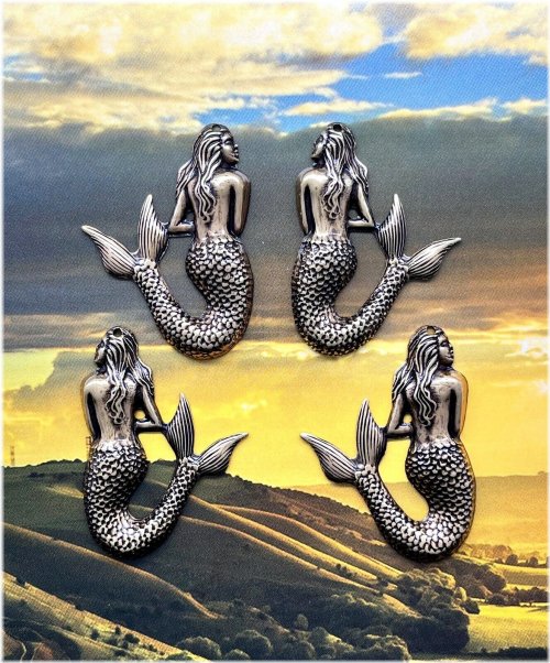 Mermaid Hang Hole Charms - Set of 6 (3 Pairs) in Antiqued Sterling Silver Plating