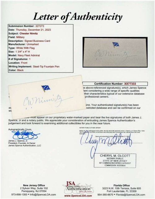 Nimitz Navy Business Card Autograph