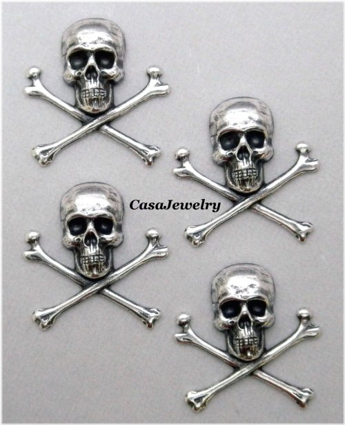 Antiqued Sterling Silver Plated Skull and Cross Bones Set - 4 Pieces