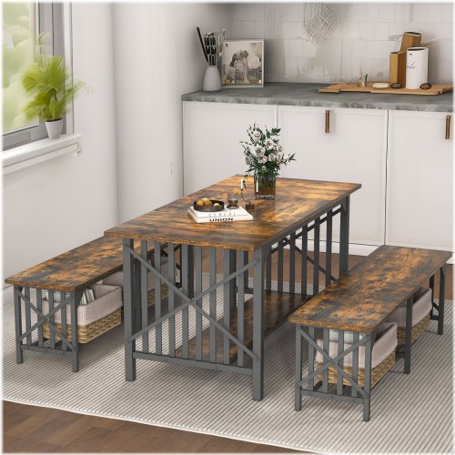 Rustic Wood Dining Set with Benches