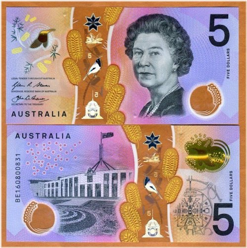 Redesigned Polymer $5 Note featuring QEII (2016, P-62a) from Australia