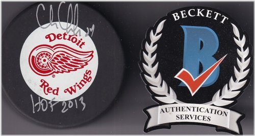 Chris Chelios Hall of Fame 2013 Signed Detroit Red Wings Logo Puck