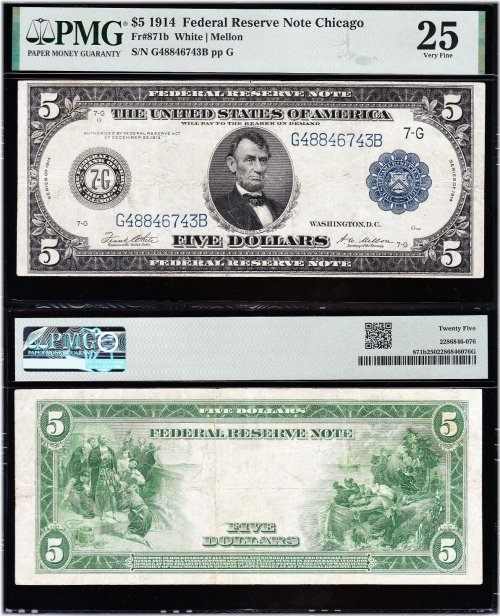 Chicago Bold & Crisp 1914 $5 Federal Reserve Note - PMG 25