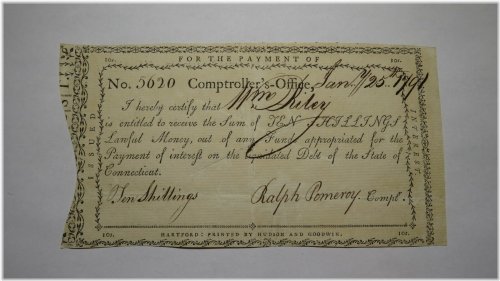 Comptrollers Office 10 Shillings Colonial Currency Signed by Ralph Pomeroy