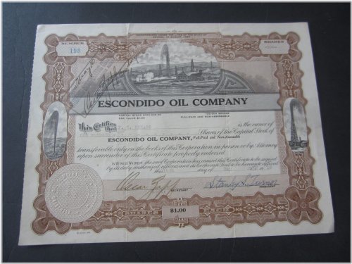 Vintage Escondido Oil Company Stock Certificate