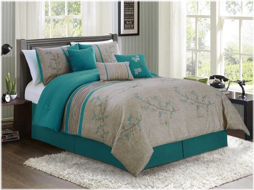 Teal Blossom Embroidered Comforter Set