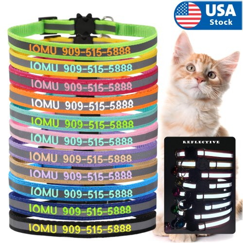 Reflective Personalized Cat Collar with Bell and Embroidered Name/Number Tag