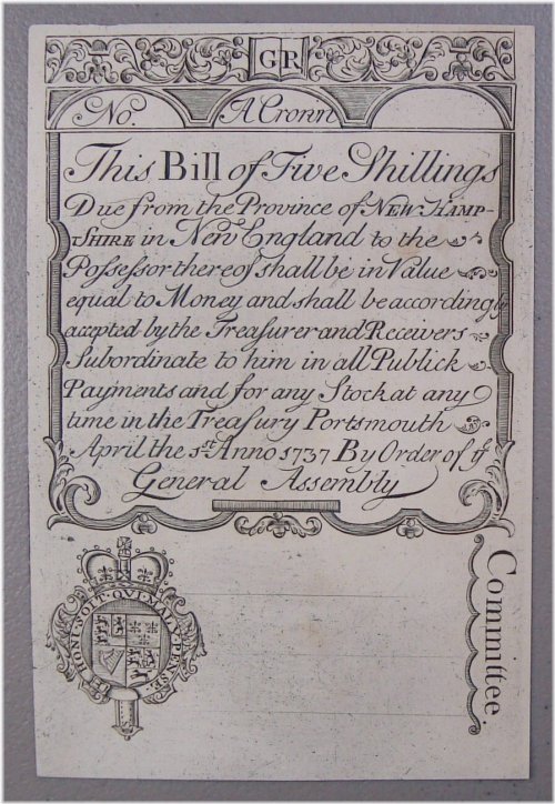 New Hampshire 5 Shillings Colonial Currency - Cohen Reprint 1850