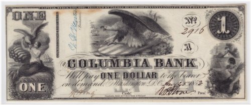 Columbia Bank $1 Obsolete Note - 1852 Washington DC #2916