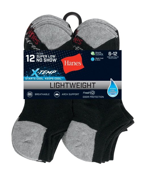 FreshIQ X-Temp No Show Socks for Men - 12-Pack in Black or White (Size 6-12)