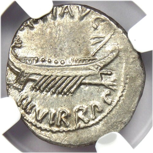 Marc Antony Silver Galley Denarius - 32 BC (NGC AU Certified)