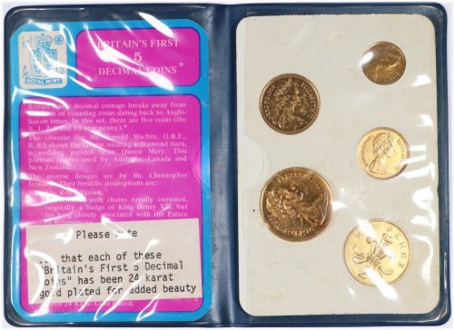 Britain's First Decimal Set - 1968 Gold Plated 5 Coin BU Unc in Original Folder