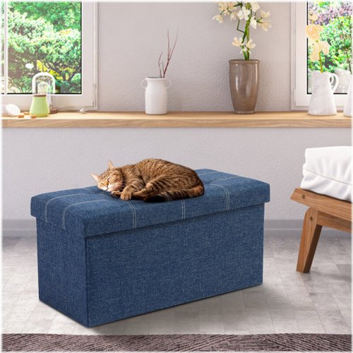 Blue Fabric Storage Bench Pouf