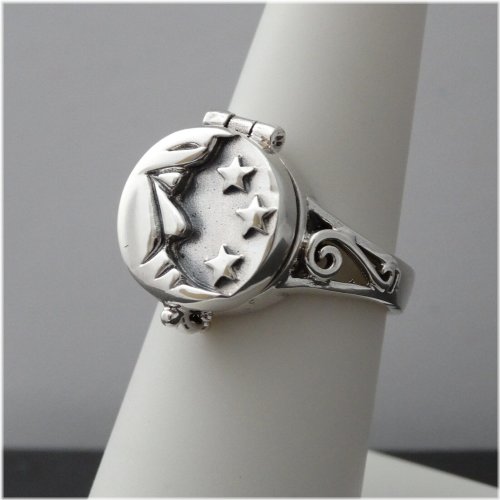 Sterling Silver Crescent Locket Ring with Stars