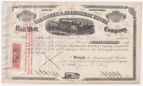 Oil Creek & Allegheny River Railway Stock Certificate - 1869