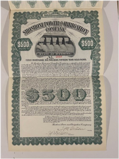 Shoshoni Power & Irrigation Company Bond Stock Certificate