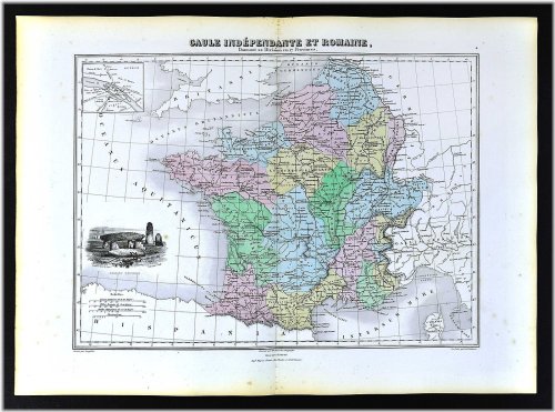Ancient Gaul and Roman France Map with Lutece Plan and Dolmen & Menhirs Vignette