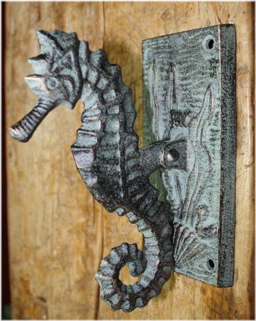 Seahorse Door Knocker with Green Finish and Sea Shell Design