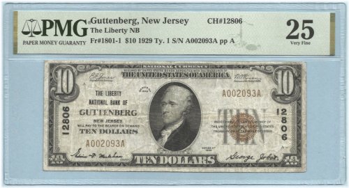 Liberty NB $10 National Currency 1929 T1 Ch#12806 - Guttenberg, NJ - PMG 25