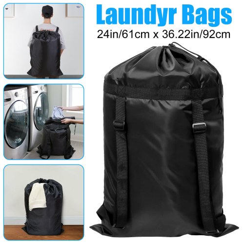 Black Drawstring Laundry Backpack - Heavy Duty and Spacious