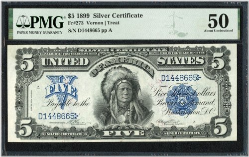 1899 $5 Five Dollar Indian Chief Silver Certificate Note F273 PMG About UNC AU50