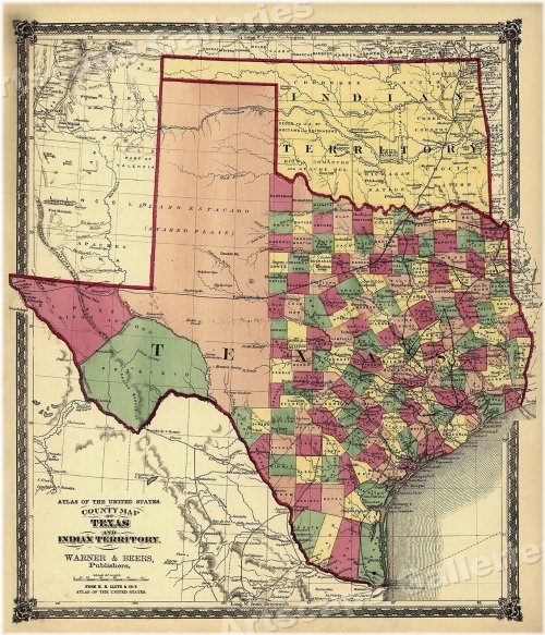 Texas County and Indian Territory Map - 1875 Edition