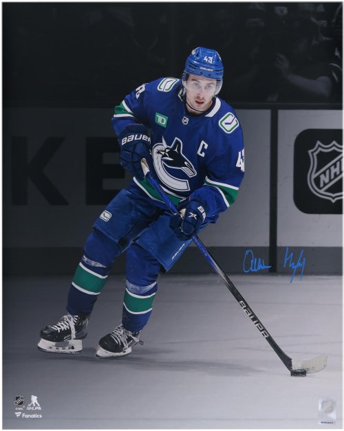 Quinn Hughes Vancouver Canucks Signed 16x20 Blue Jersey with C the Sweater Photo