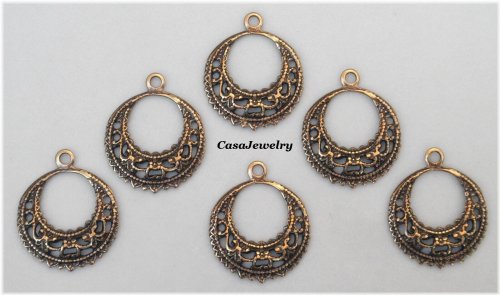 Antiqued Gold Filigree Hoop Earrings with Top Hang Ring - Set of 6