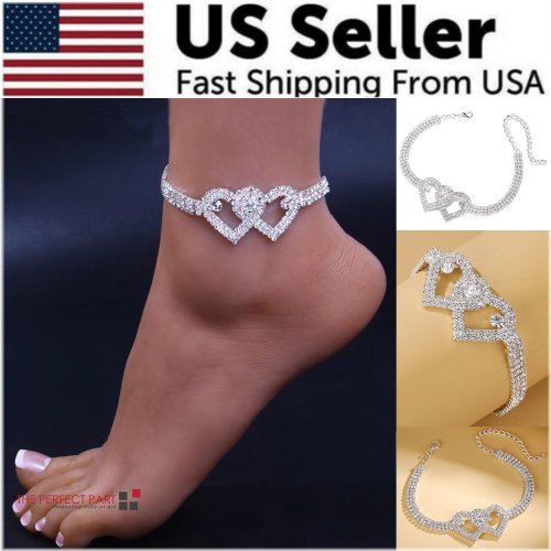 Crystal Love Anklet: Double Heart Barefoot Bracelet Chain