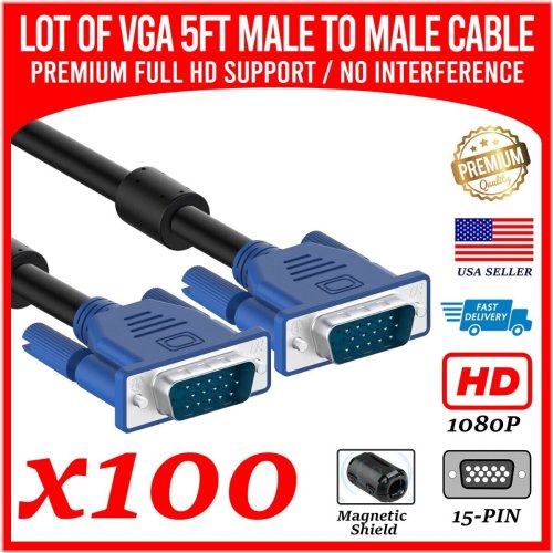 VGA Cable Bulk Pack - 100 Units, 5ft, 1080p HD Male to Male