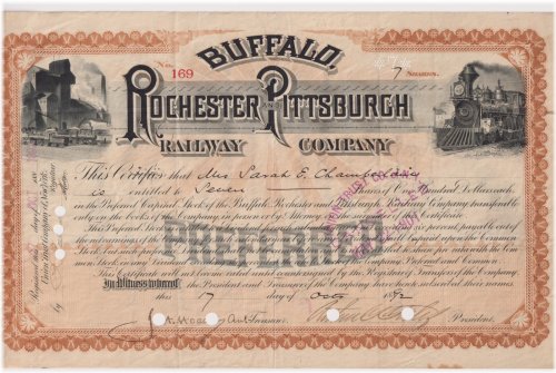 Buffalo Rochester & Pittsburgh Railway Company Stock Certificate - 1892
