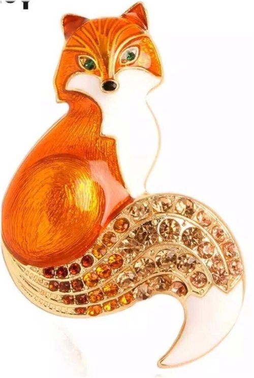 Fox Orange Bejeweled Tail Gold Pin Brooch